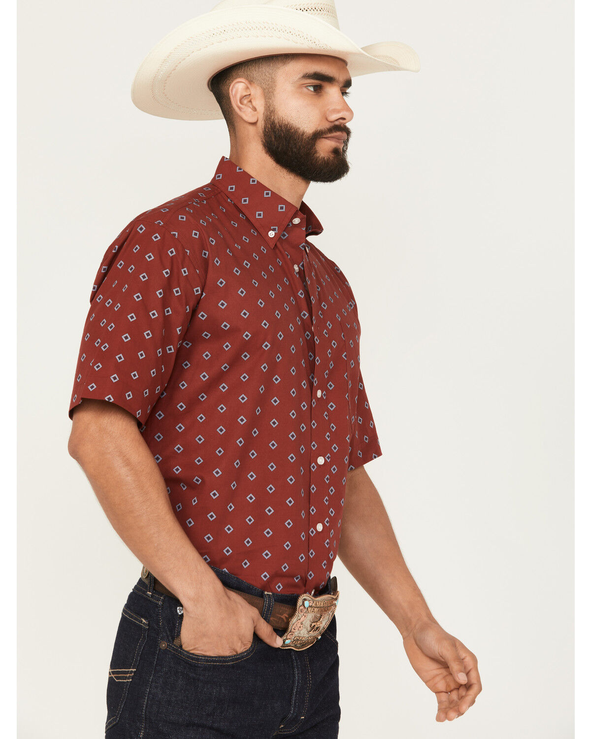 Image #2 - Roper Men's Amarillo Geo Print Short Sleeve Button-Down Western Shirt, Red, hi-res