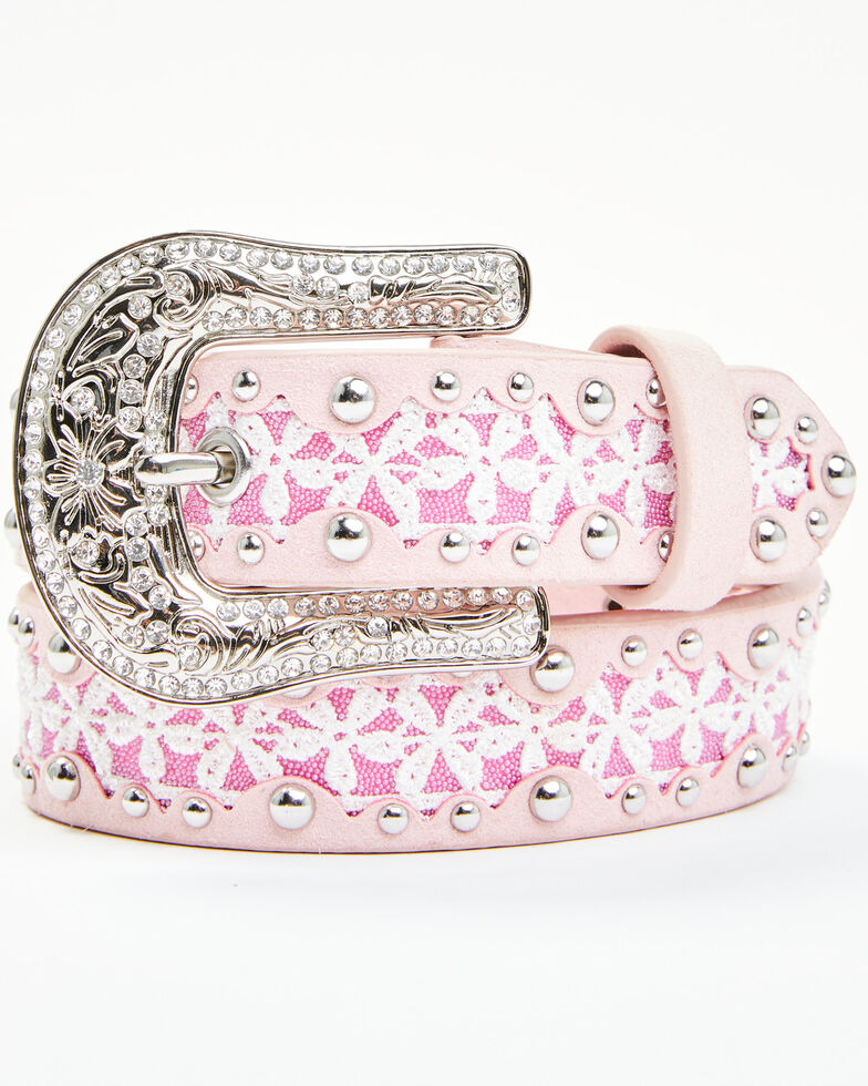 Shyanne Girls' Light Pink Lace Inset Western Belt, Light Pink, hi-res