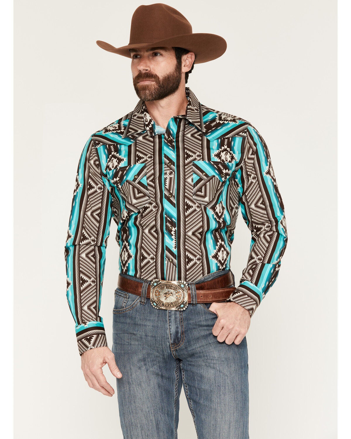 Image #1 - Rock & Roll Denim Men's Southwestern Print Long Sleeve Snap Stretch Western Shirt, Teal, hi-res