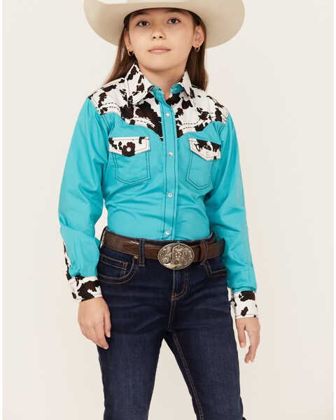Image #1 - Cowgirl Hardware Girls' Cow Print Yoke Long Sleeve Snap Western Shirt , Turquoise, hi-res