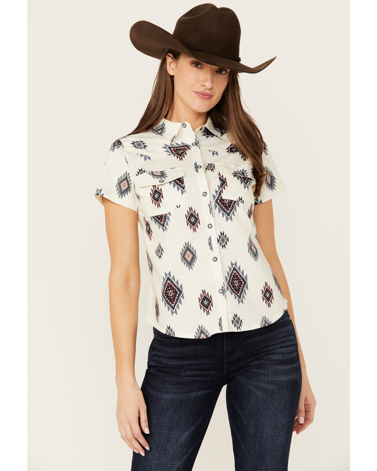 Image #1 - Shyanne Women's Laramie Southwestern Print Short Sleeve Snap Western Riding Shirt, Cream, hi-res