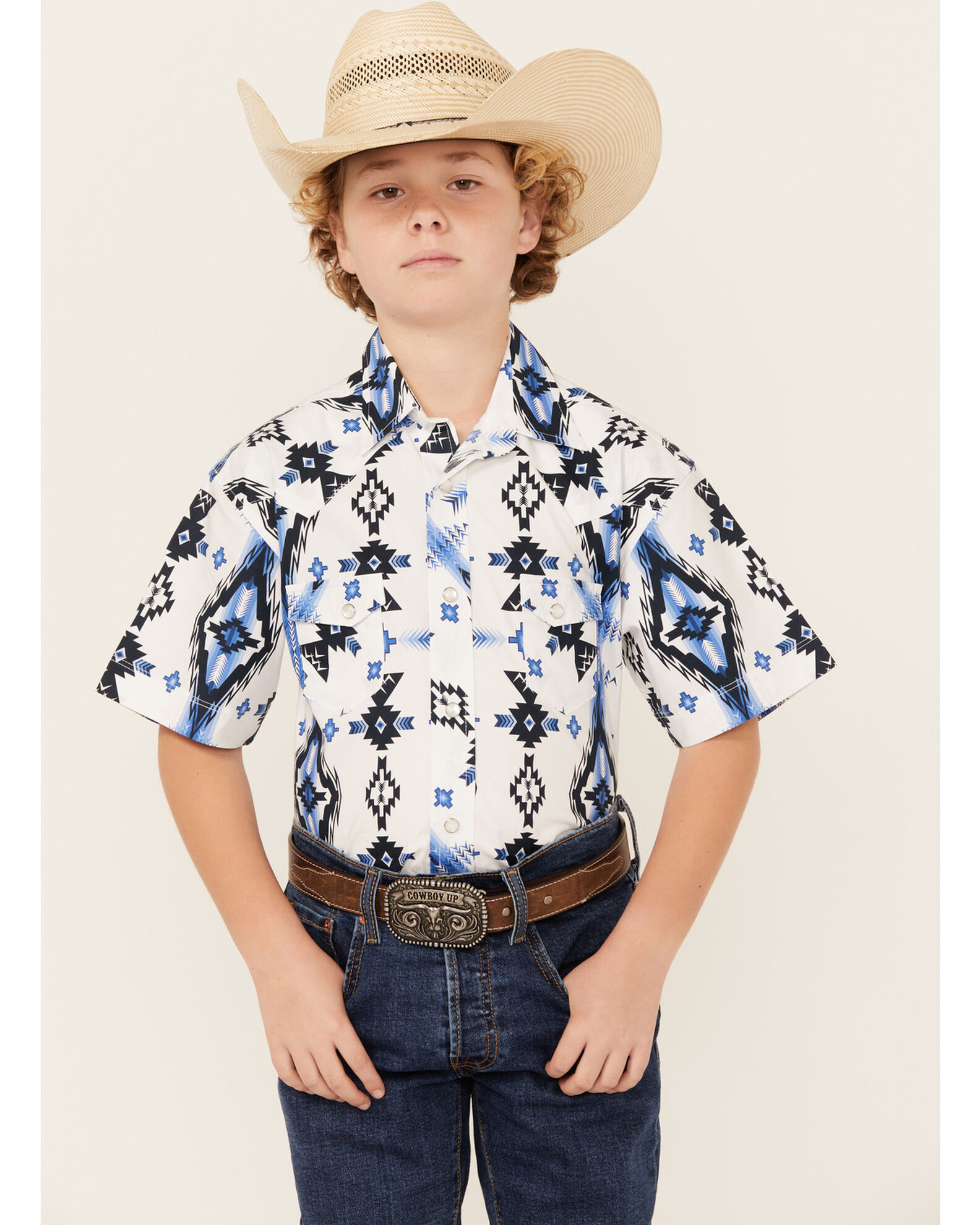 Rock Roll Denim Boys Southwestern Print Short Sleeve Pearl Snap Stretch Western Shirt Country Outfitter