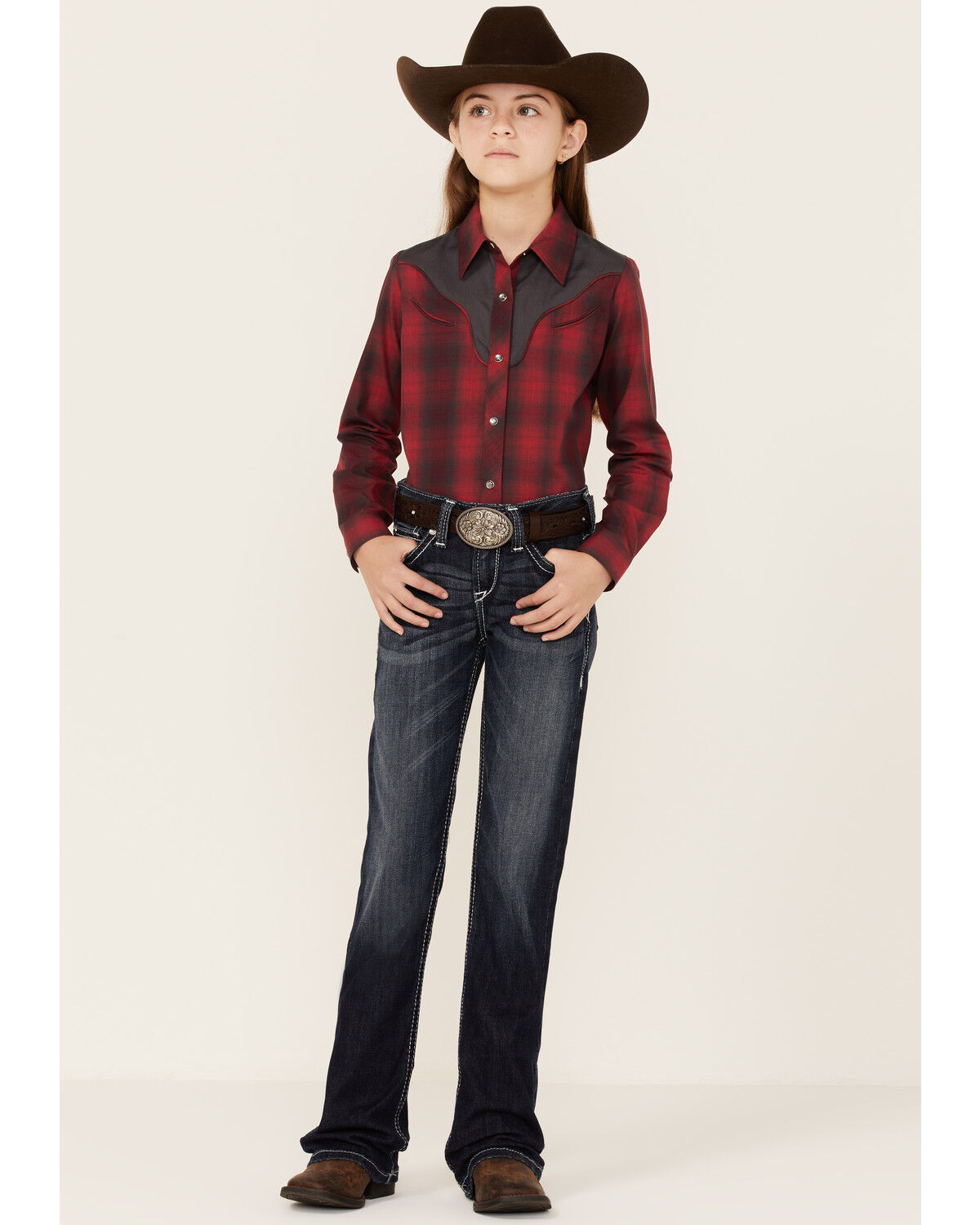 Image #4 - Roper Girls' Fancy Applique Plaid Long Sleeve Snap Western Shirt, Red, hi-res