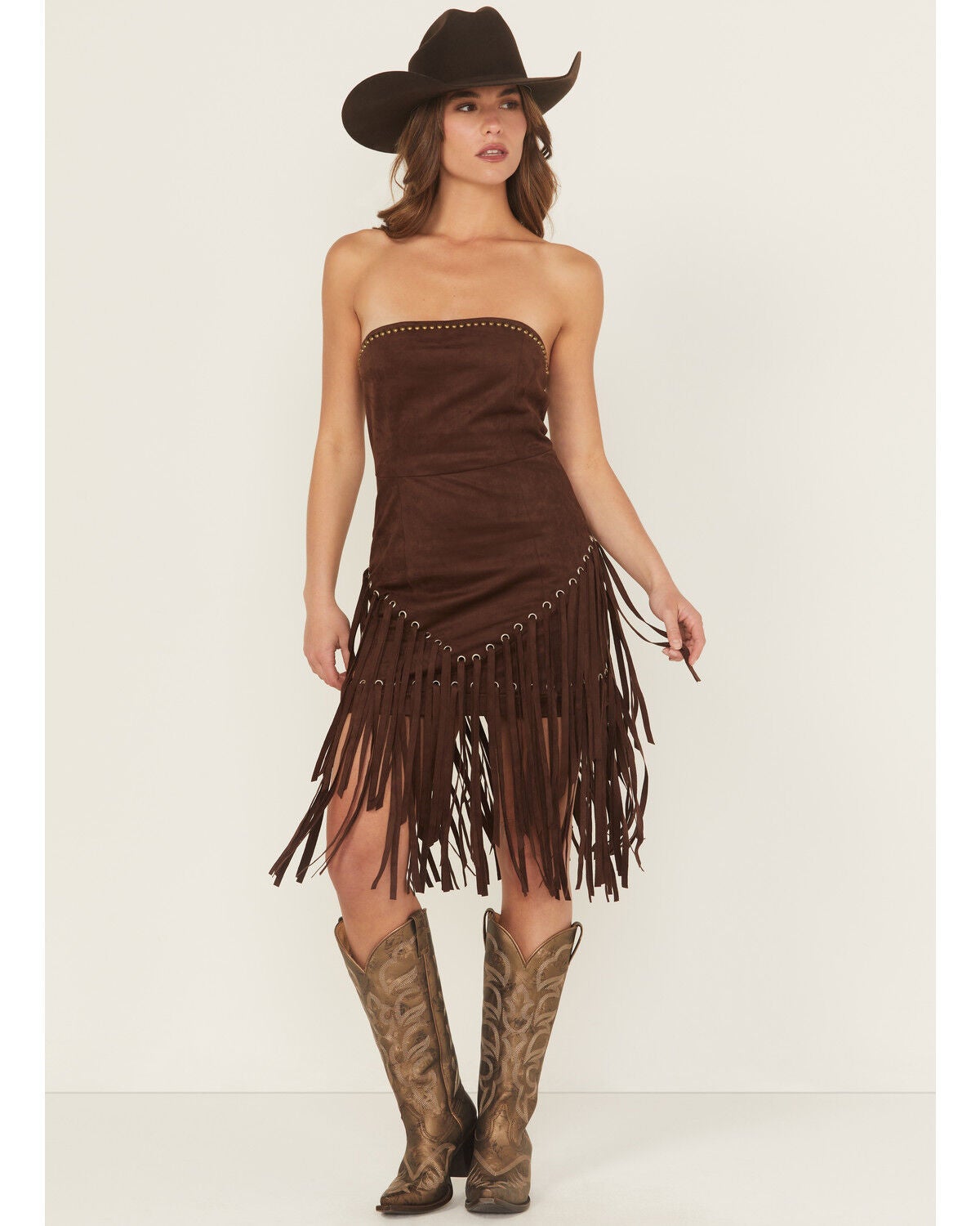 Blue B Women's Fringe Faux Suede Strapless Mini Dress, Dark Brown, hi-res