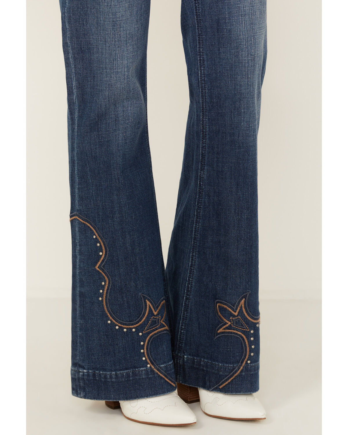 Image #2 - Rock & Roll Denim Women's Dark Wash Mid Rise Hem Stitched Trouser Stretch Denim Jeans, Dark Wash, hi-res