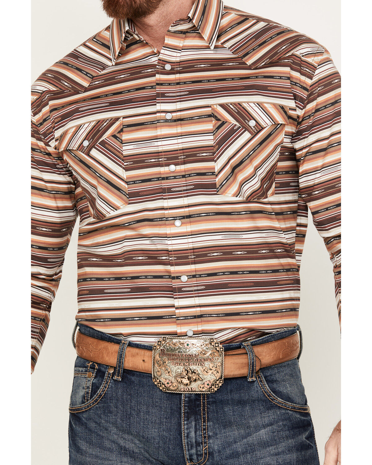 Image #3 - Rough Stock by Panhandle Men's Southwestern Striped Long Sleeve Western Pearl Snap Shirt, Brown, hi-res