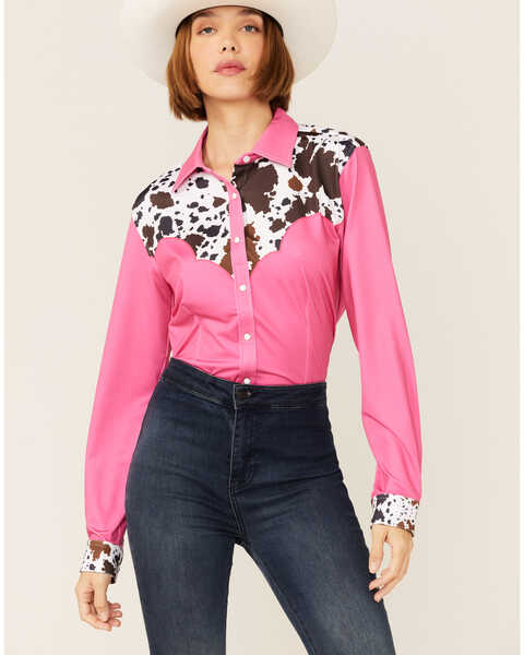 Ranch Dress'n Women's Cow Print Long Sleeve Western Snap Shirt, Pink, hi-res