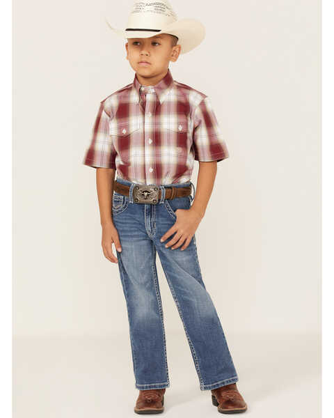 Roper Boys' Amarillo Plaid Print Short Sleeve Button Down Shirt, Red, hi-res