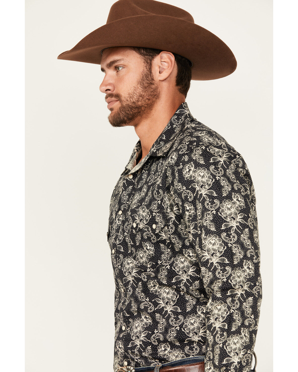 Image #2 - Rock & Roll Denim Men's Floral Print Long Sleeve Snap Stretch Western Shirt, Black, hi-res