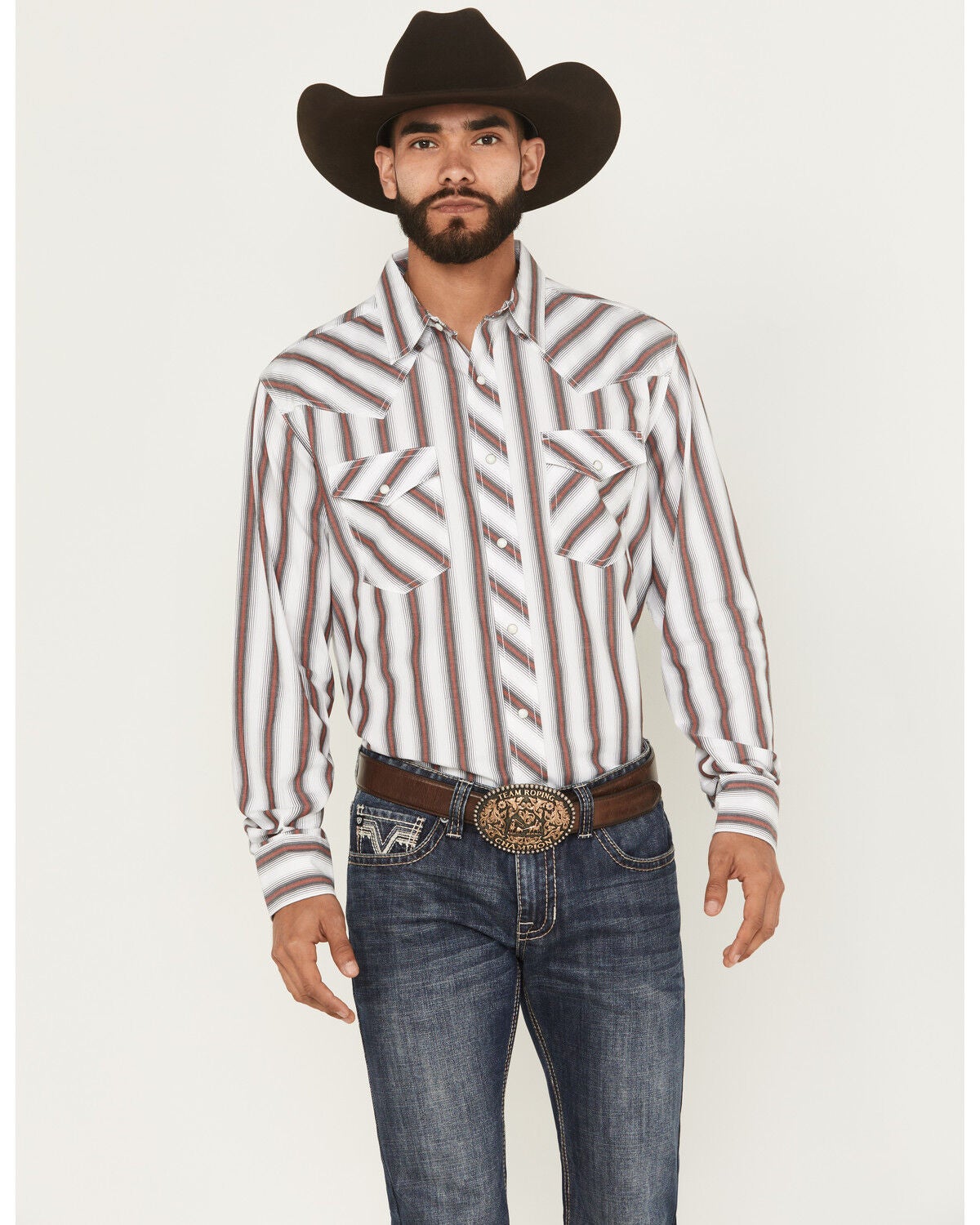 Image #1 - Wrangler 20X Men's Striped Print Long Sleeve Snap Stretch Western Shirt, White, hi-res