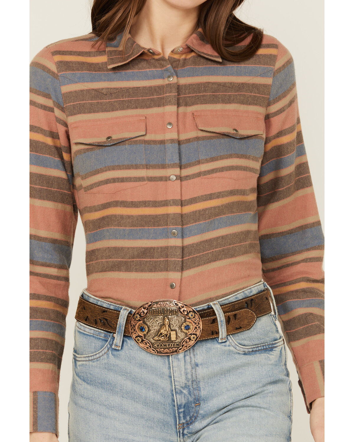 Image #3 - Shyanne Women's Serape Striped Print Long Sleeve Snap Flannel Shirt, Navy, hi-res