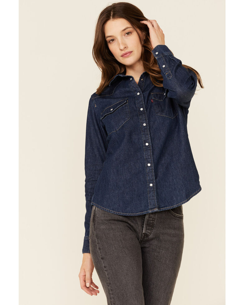 Levi's Women's Dark Wash Long Sleeve Snap Western Denim Shirt , Dark Blue, hi-res
