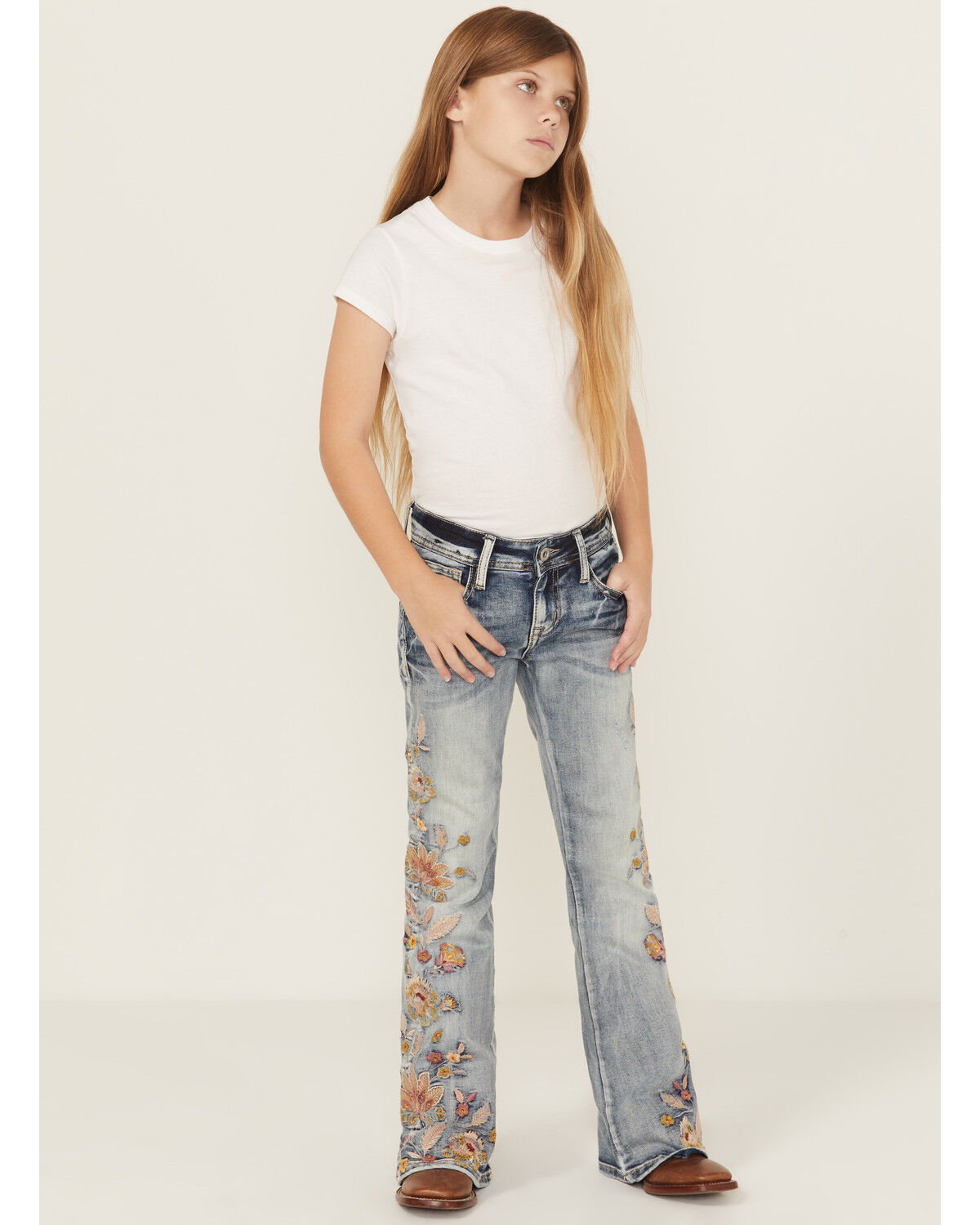 Image #1 - Grace in LA Girls' Light Wash Floral Embroidered Flare Denim Jeans, Medium Wash, hi-res