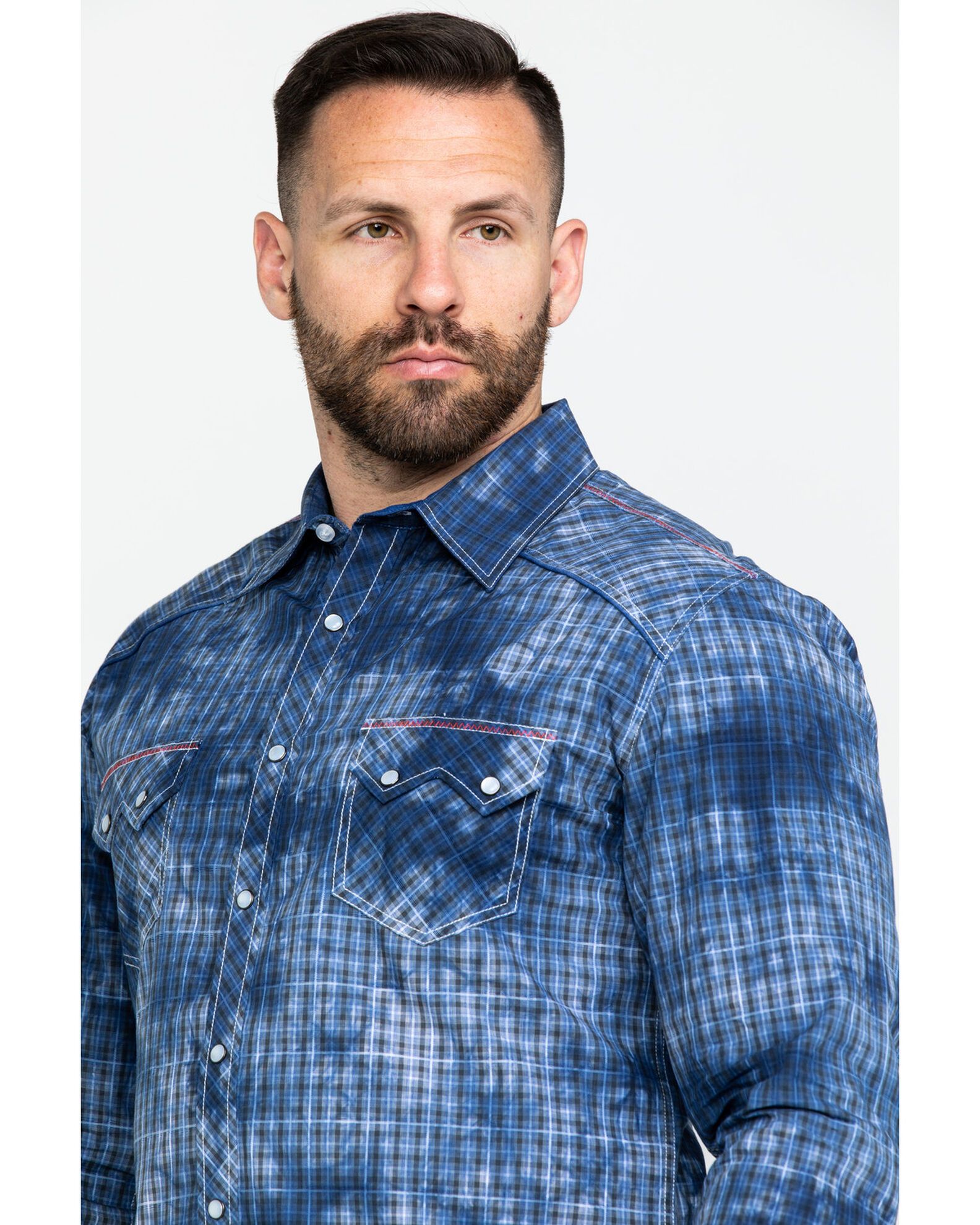 Image #5 - Rock & Roll Denim Men's Spray Washed Satin Plaid Long Sleeve Western Shirt, Blue, hi-res