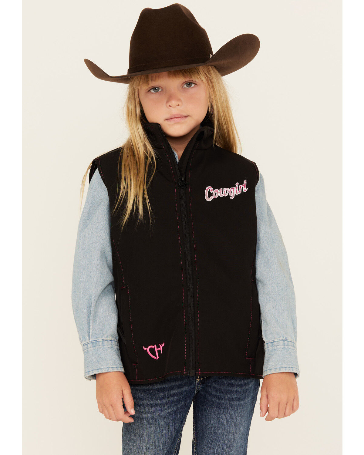 Image #1 - Cowgirl Hardware Girls' Sassy Cowgirls Vest, Black, hi-res