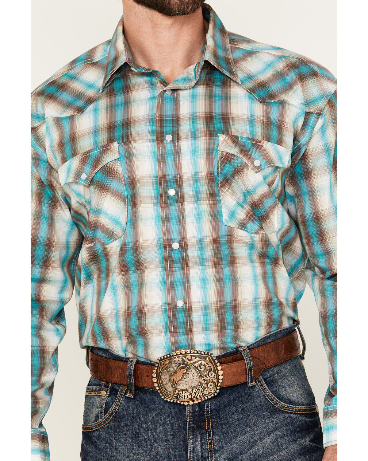 Image #3 - Panhandle Men's Boot Barn Exclusive Plaid Print Long Sleeve Snap Stretch Western Shirt, Turquoise, hi-res