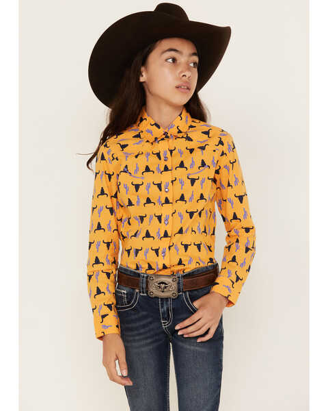 Image #1 - Cruel Girl Girl's Steer Head Print Long Sleeve Snap Western Shirt, Gold, hi-res