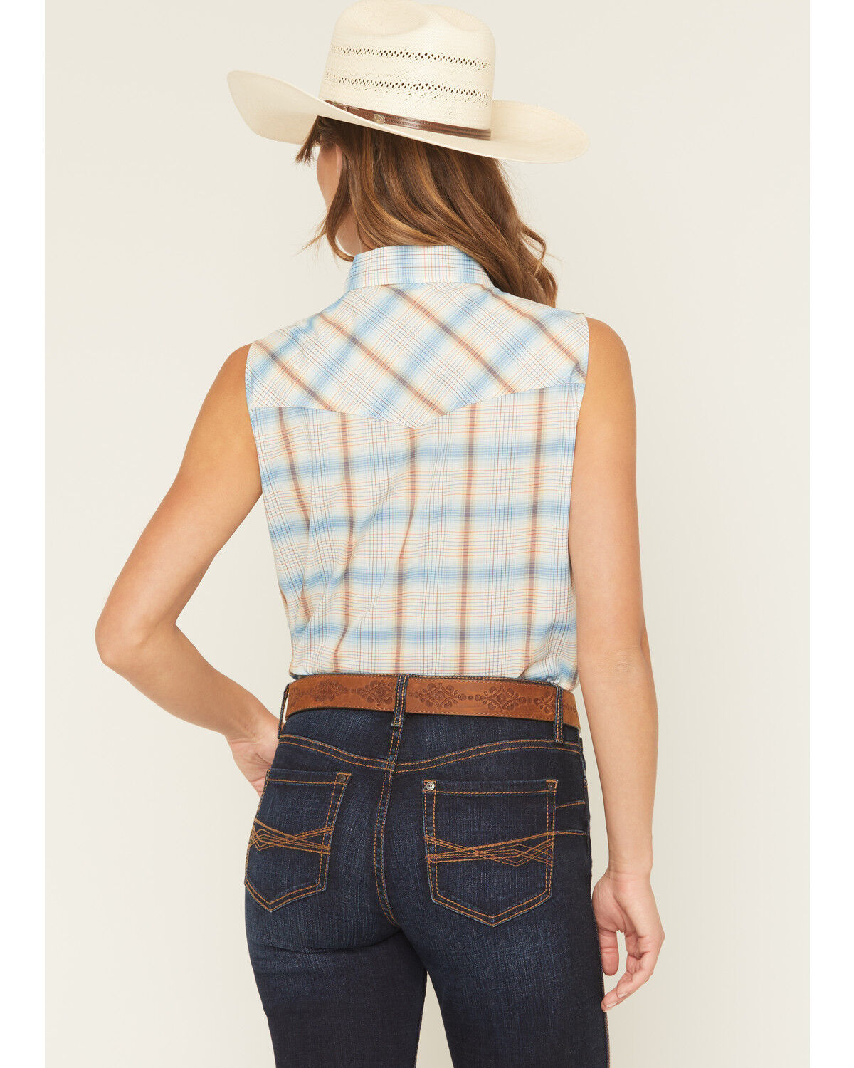 Image #4 - Ely Walker Women's Bow Embroidered Plaid Print Sleeveless Pearl Snap Western Shirt, Light Blue, hi-res