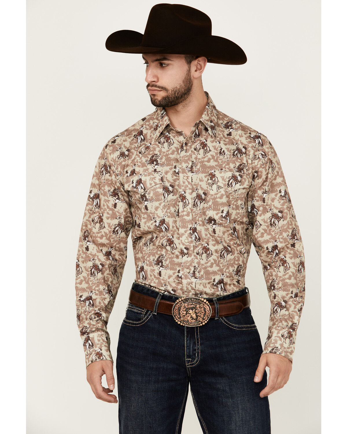 Image #1 - Roper Men's Vintage Cowboy Print Long Sleeve Snap Western Shirt, Navy, hi-res