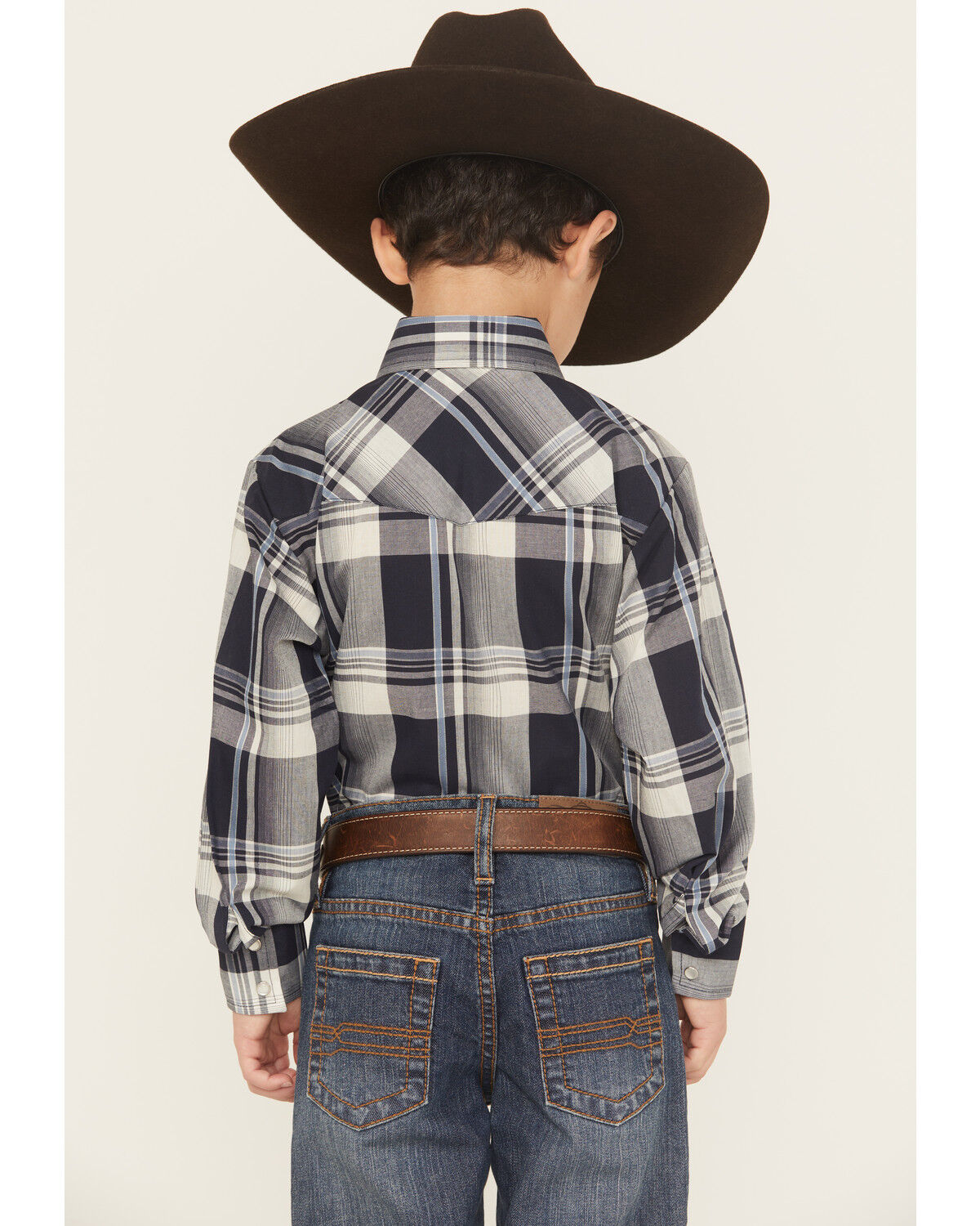 Image #4 - Ely Walker Boys' Plaid Print Long Sleeve Snap Western Shirt, Navy, hi-res