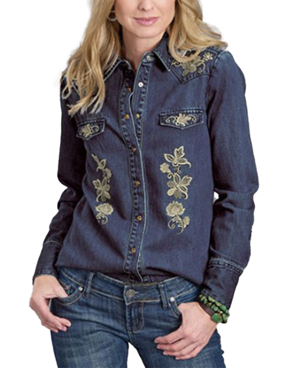 Image #1 - Stetson Women's Floral Embroidered Long Sleeve Snap Denim Shirt, Dark Wash, hi-res