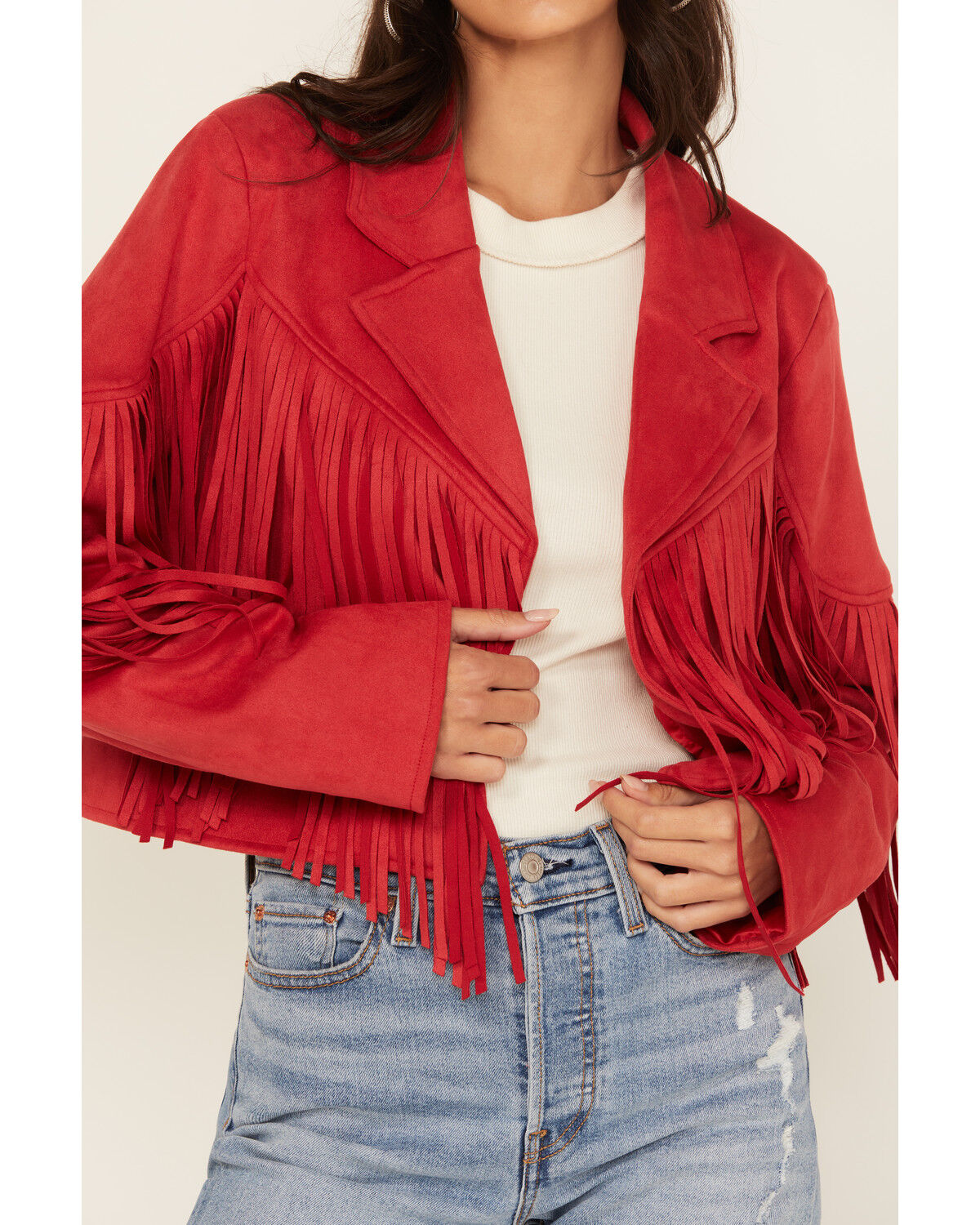 Image #3 - Saints & Hearts Women's Faux Suede Cropped Fringe Jacket, Red, hi-res
