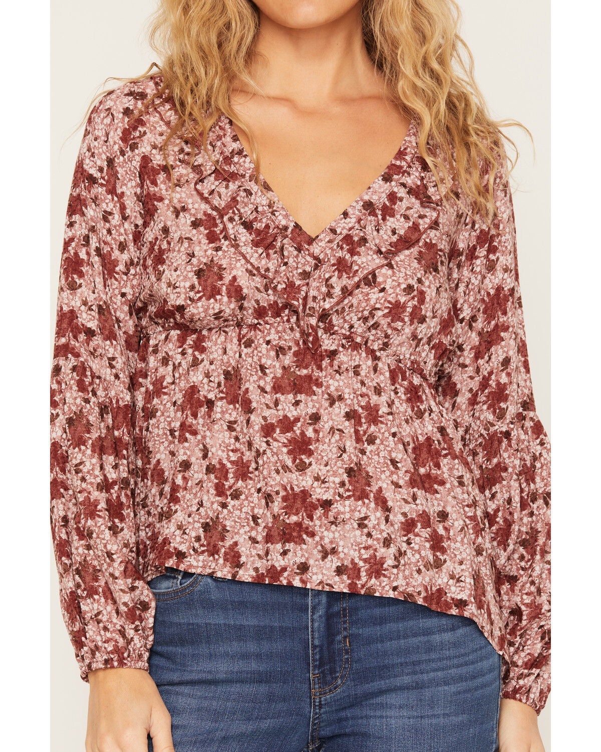 Image #3 - Wild Moss Women's Floral Print Ruffle Long Sleeve Top, Burgundy, hi-res