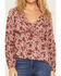 Image #3 - Wild Moss Women's Floral Print Ruffle Long Sleeve Top, Burgundy, hi-res