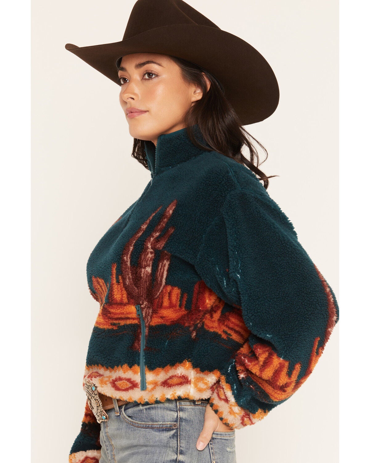 Image #2 - Panhandle Women's Desert Print 1/4 Zip Sherpa Pullover, Teal, hi-res