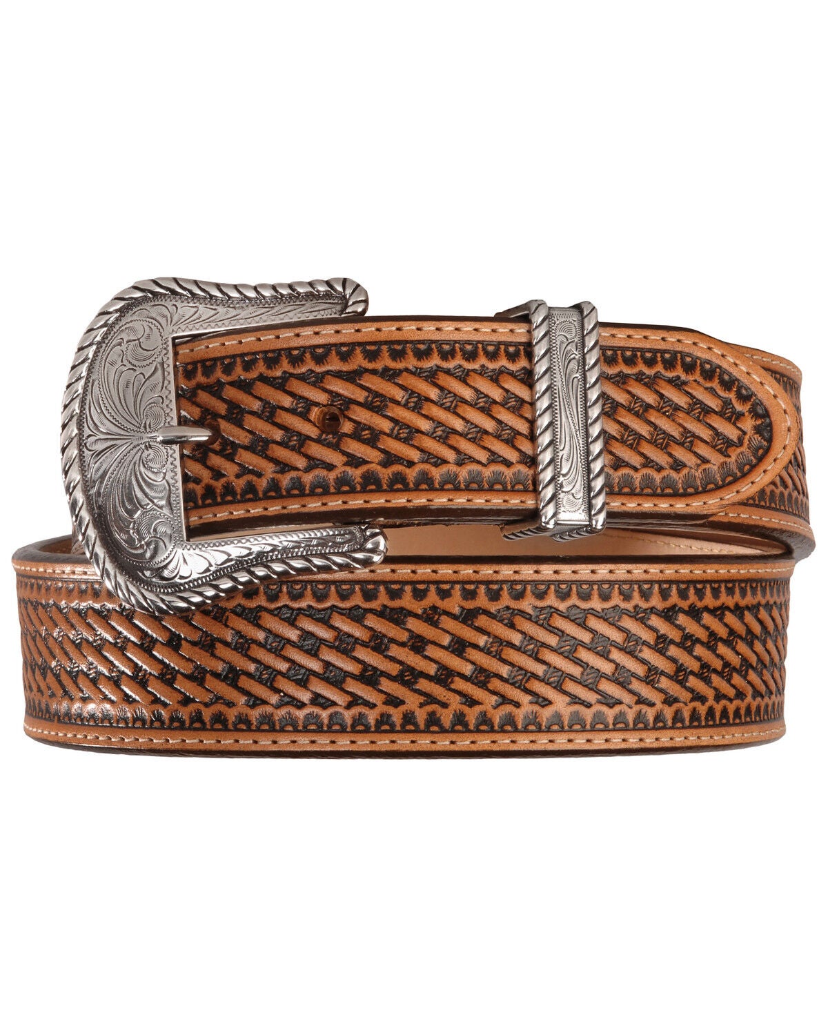 Justin Men's Bronco Basketweave Leather Belt, Tan, hi-res
