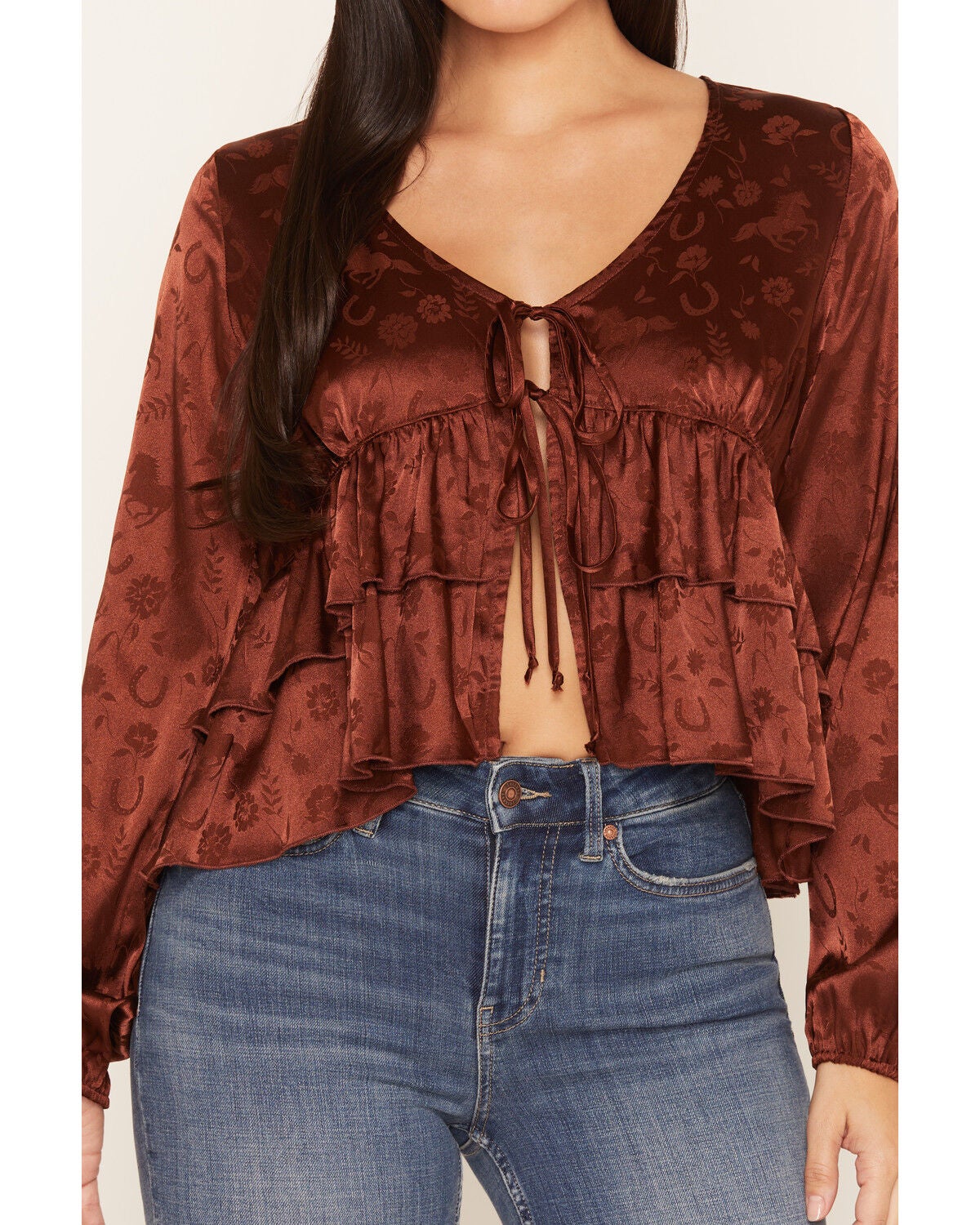 Image #3 - Wild Moss Women's Western Jacquard Front Tie Blouse, Rust Copper, hi-res