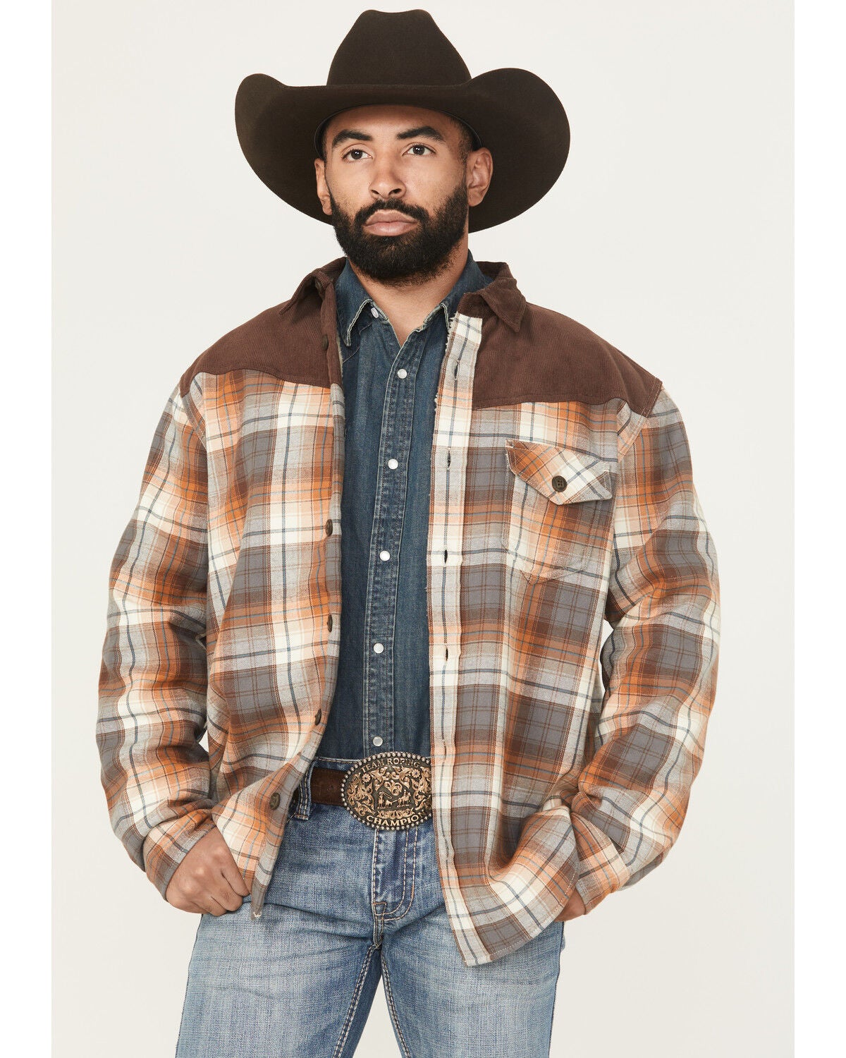 Cody James Men's Plaid Print Flannel Sherpa Lined Shirt Jacket, Dark Brown, hi-res