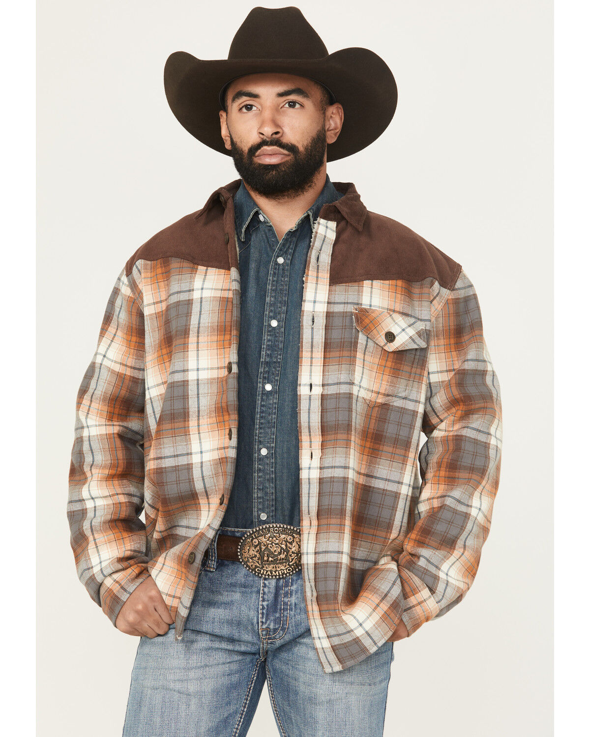 Image #1 - Cody James Men's Plaid Print Flannel Sherpa Lined Shirt Jacket, Dark Brown, hi-res