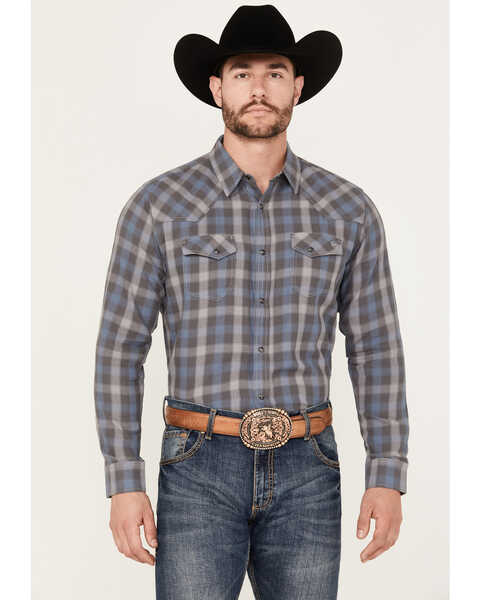 Image #1 - Blue Ranchwear Men's Eastland Plaid Print Long Sleeve Snap Shirt, Charcoal, hi-res