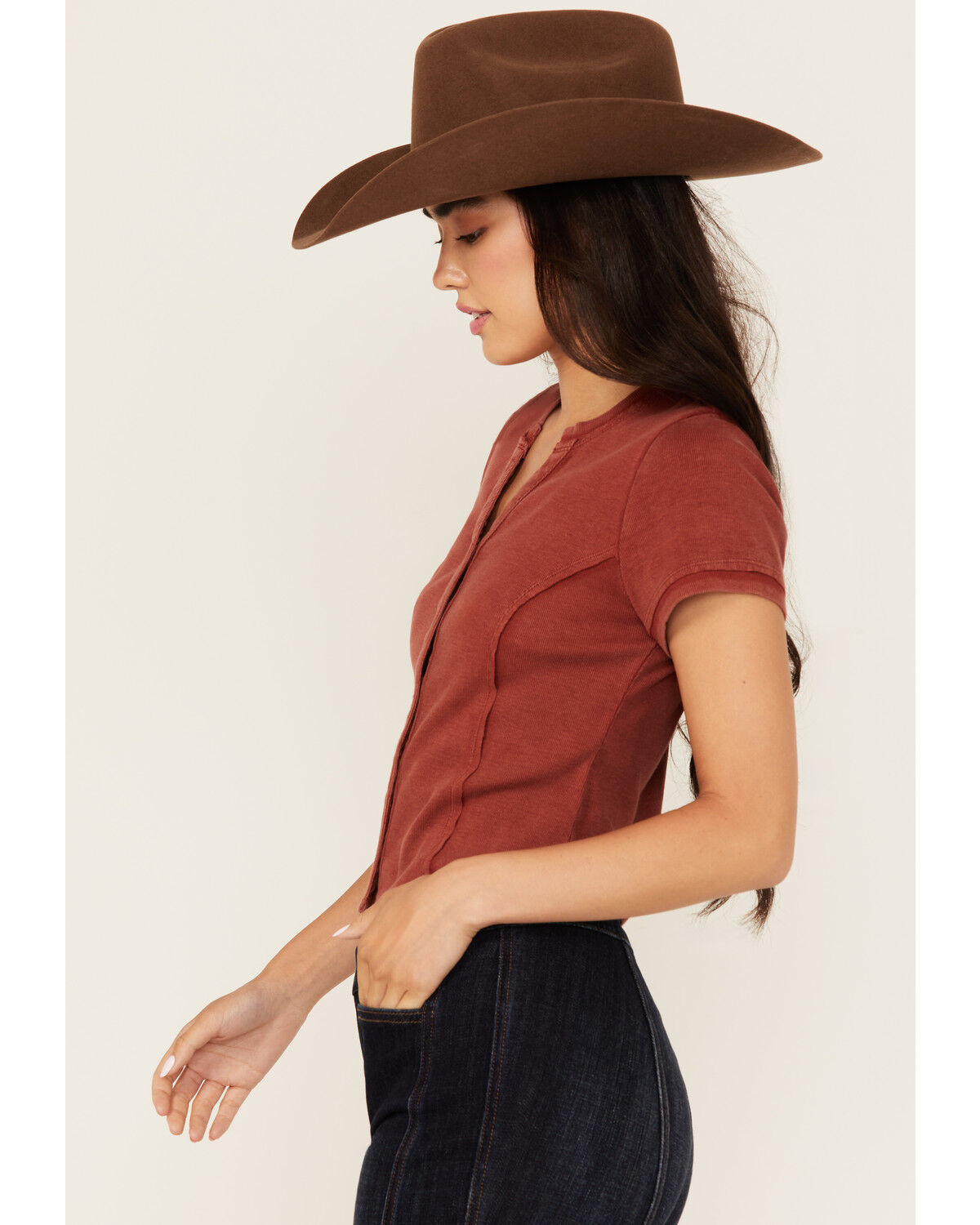 Image #2 - Idyllwind Women's Solid Short Sleeve Button-Down Cropped Tee, Red, hi-res