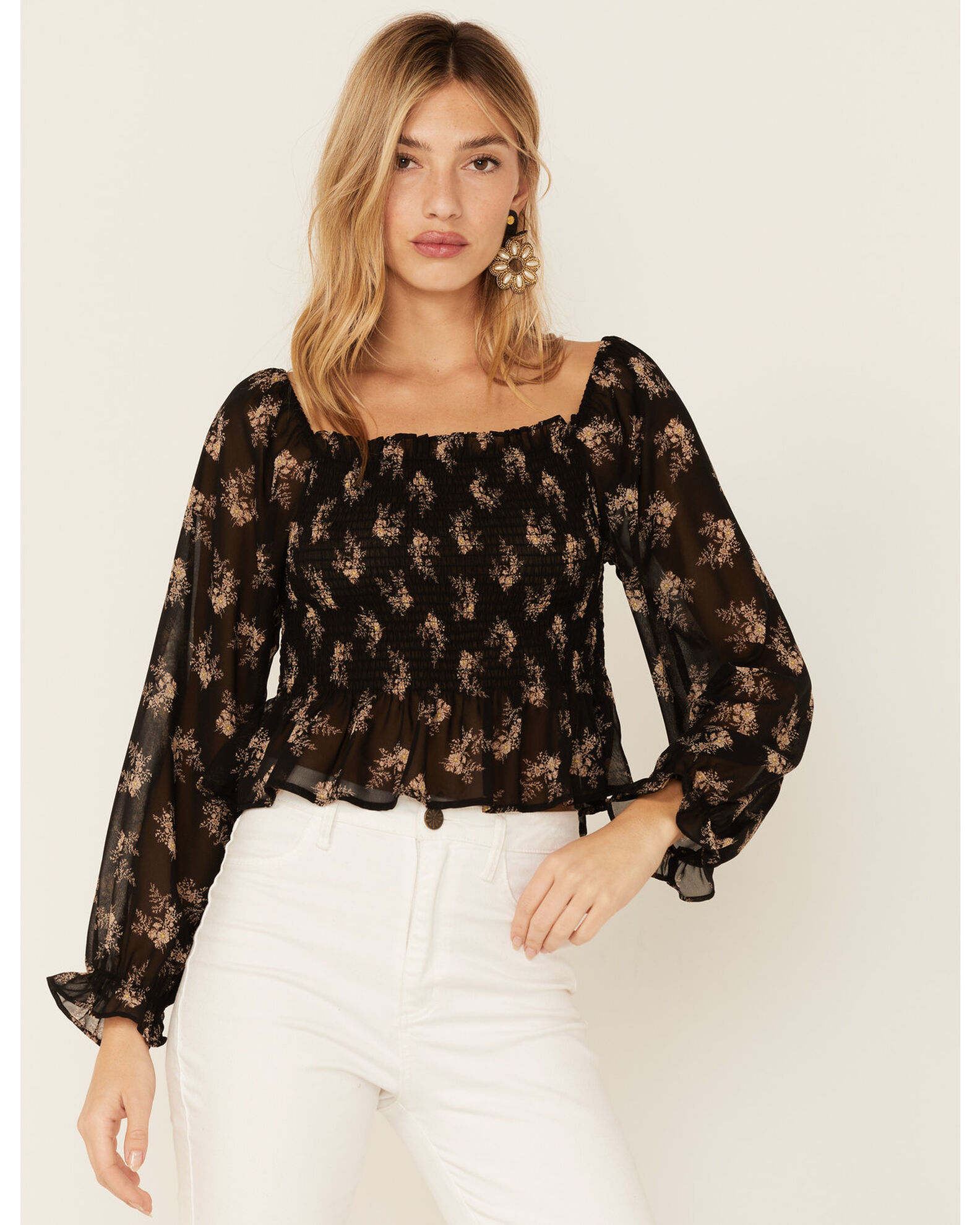 Floral smocked off the shoulder top hot sale