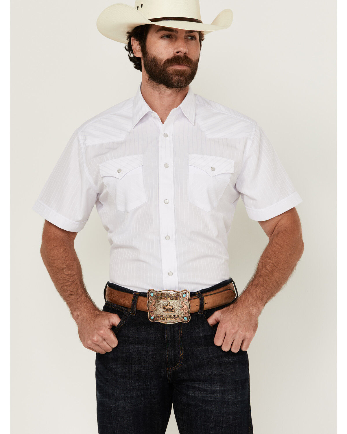 Image #1 - Rodeo Clothing Men's Tonal Satin Striped Short Sleeve Pearl Snap Western Shirt, White, hi-res