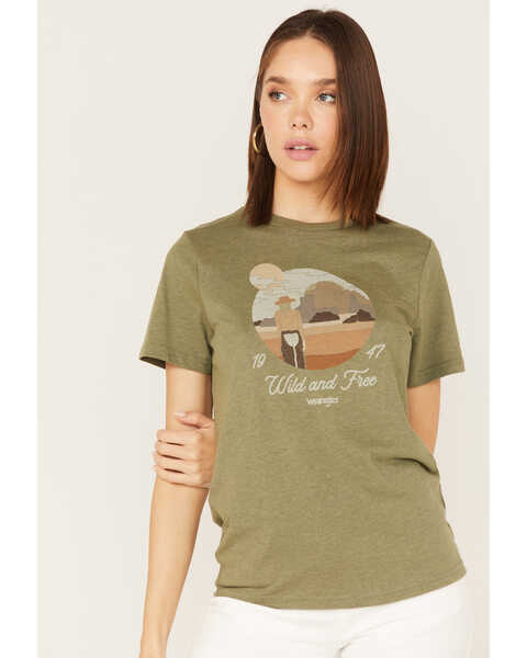 Wrangler Women's Wild & Free Desert Scene Logo Short Sleeve Graphic Tee, Green, hi-res