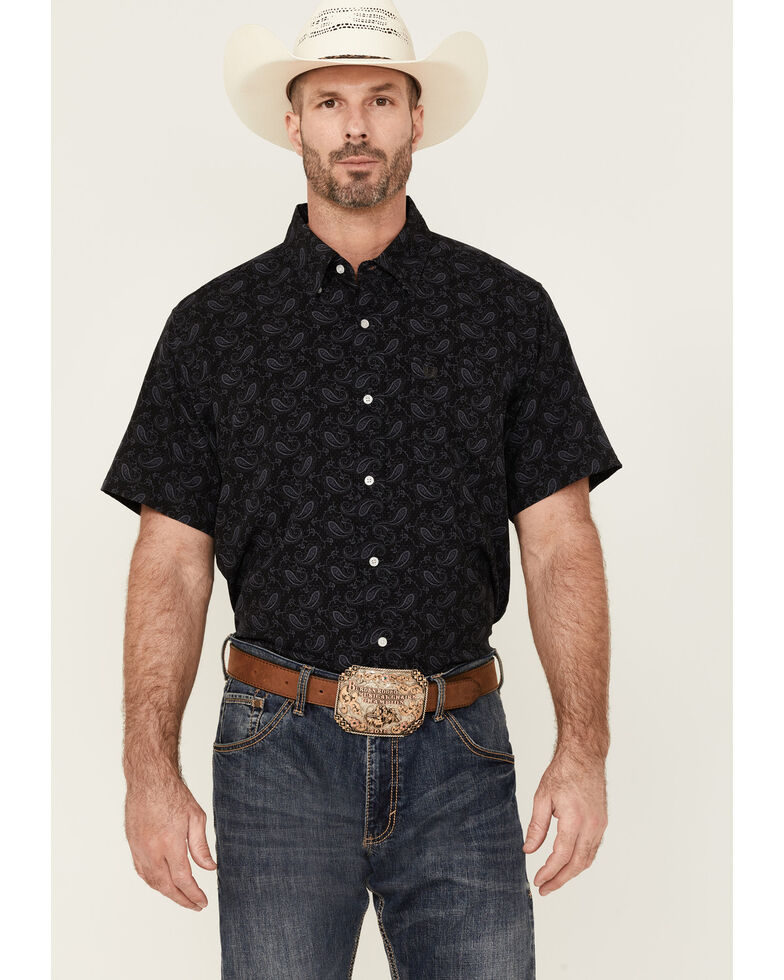 Panhandle Men's Performance Paisley Charcoal Print Short Sleeve Button-Down Western Shirt , Charcoal, hi-res