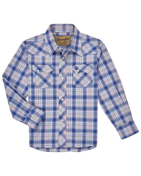 Image #1 - Wrangler Retro Boys' Plaid Print Long Sleeve Western Snap Shirt, Blue, hi-res