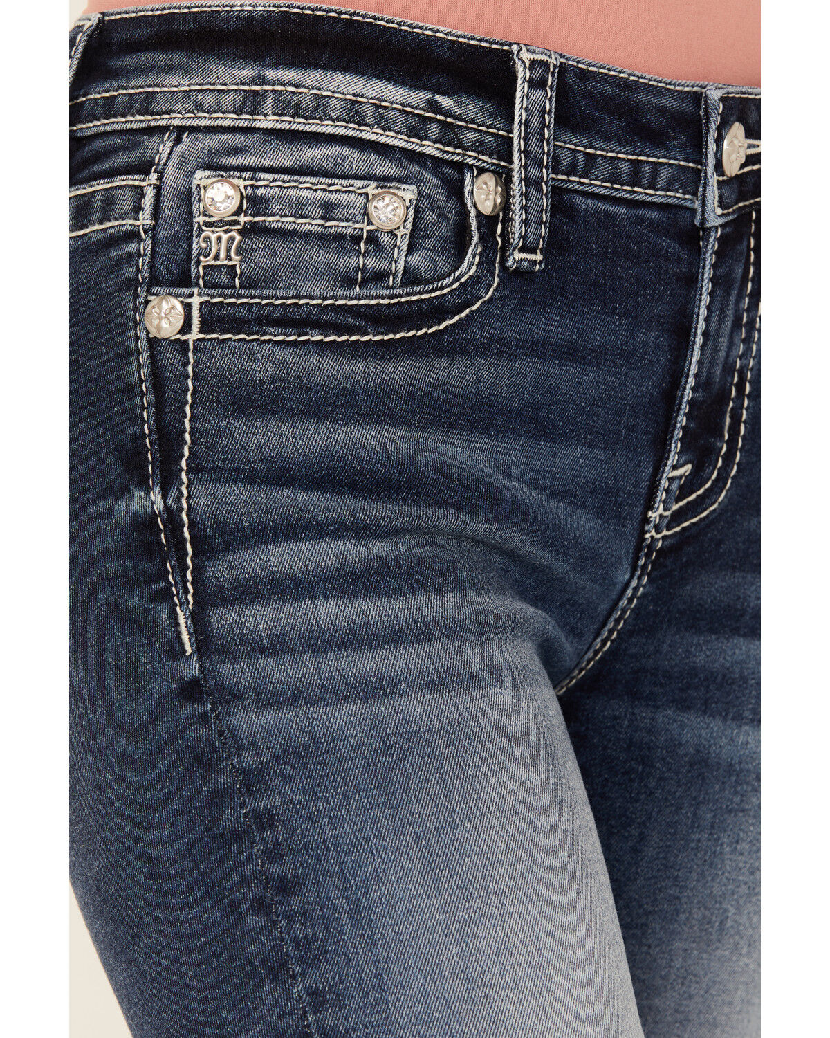 Image #4 - Miss Me Women's Dark Wash Mid Rise Cross Pocket Bootcut Stretch Denim Jeans, Dark Wash, hi-res