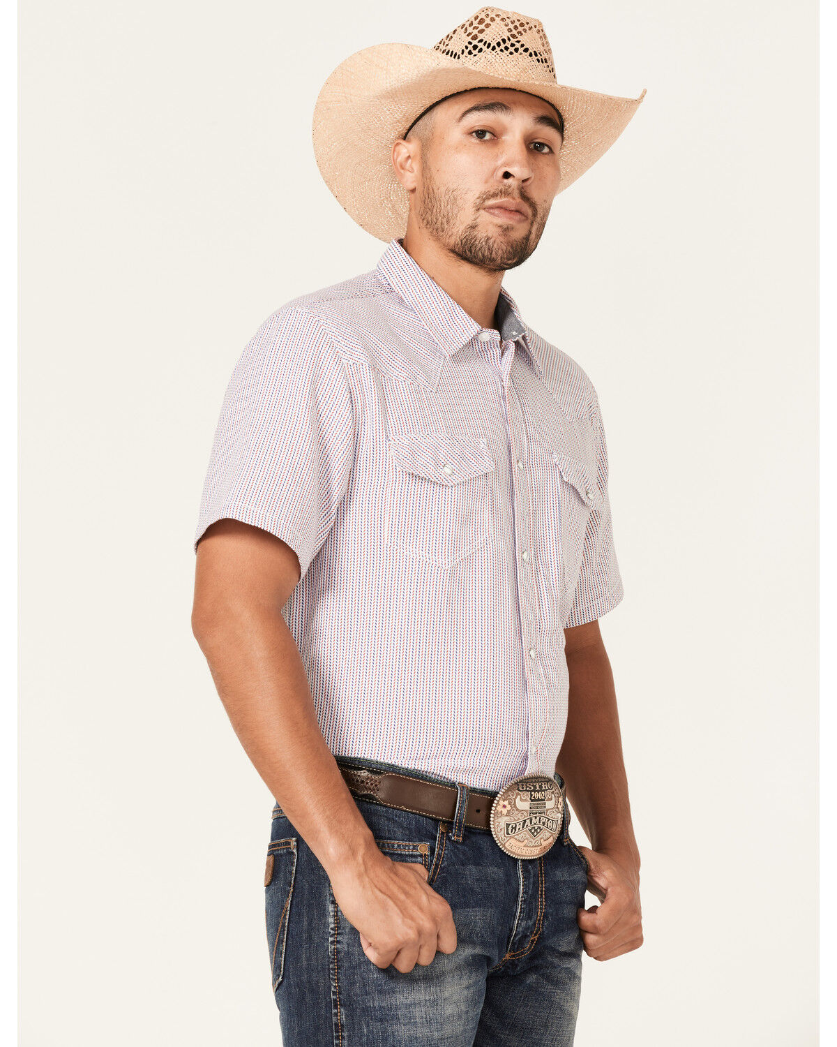 Image #2 - Cody James Men's Redfield Dobby Stripe Print Short Sleeve Snap Western Shirt, White, hi-res