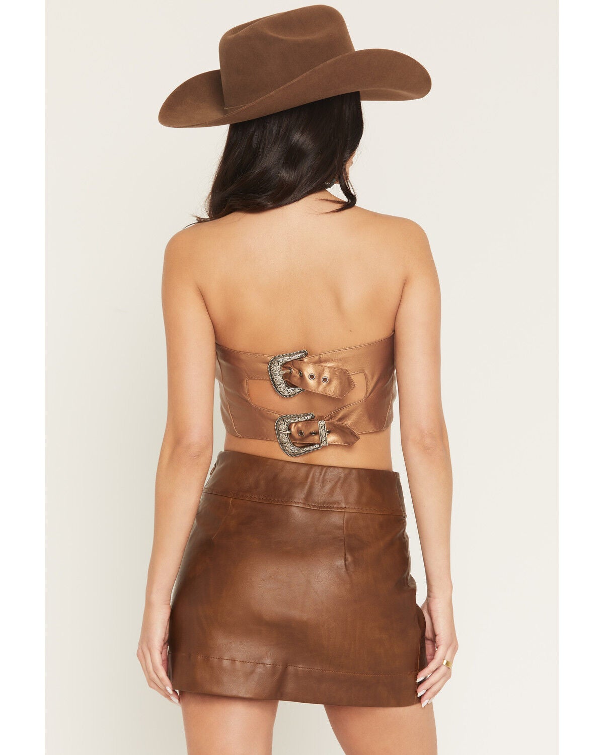 Image #4 - Blue B Women's Faux Leather Buckle Strap Bustier, Brown, hi-res
