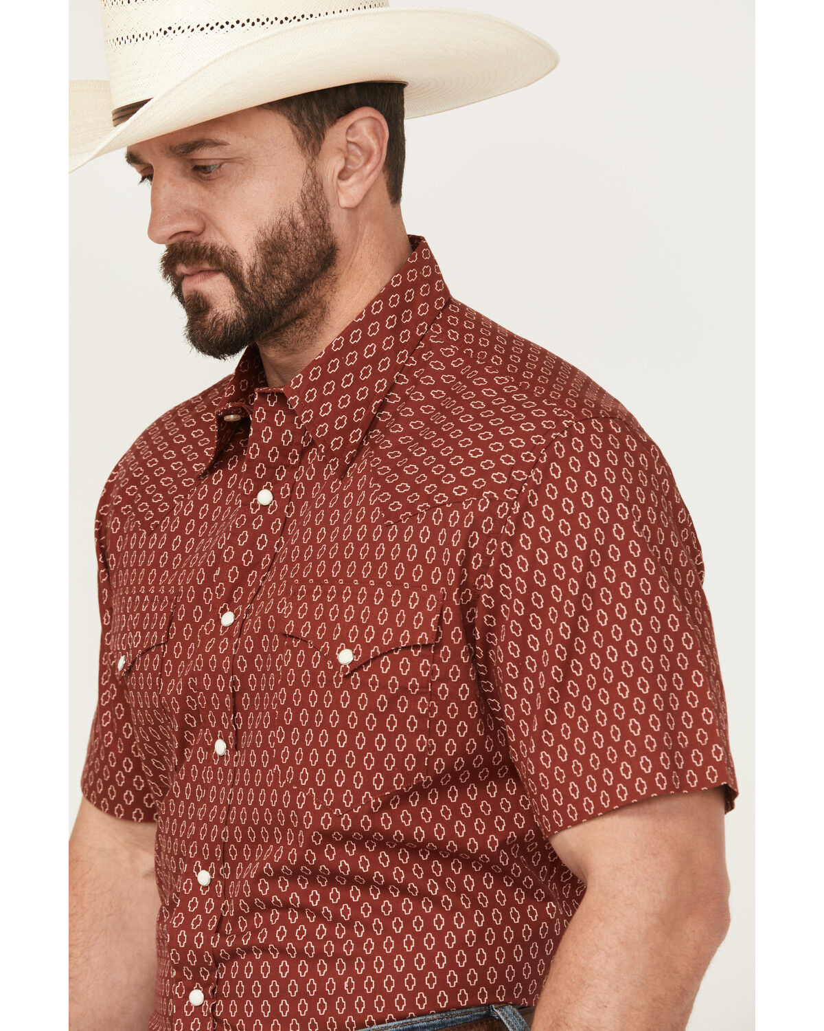 Image #3 - Roper Men's Geo Print Short Sleeve Snap Western Shirt, Red, hi-res