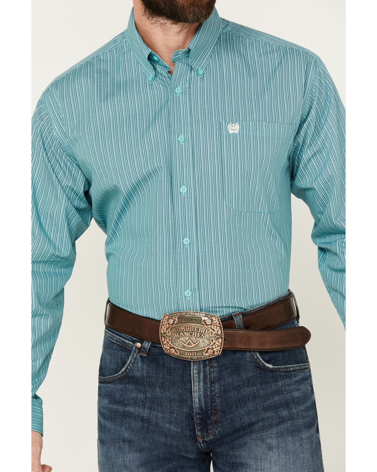 Image #3 - Cinch Men's Striped Long Sleeve Button-Down Western Shirt, Turquoise, hi-res