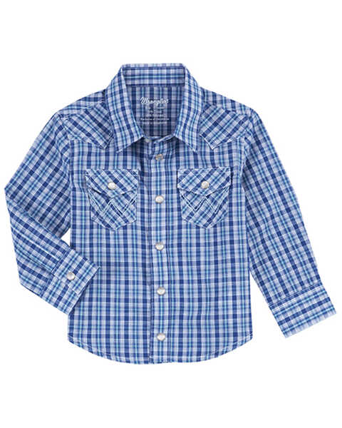 Wrangler Boys' Plaid Print Long Sleeve Snap Western Shirt - Infant & Toddler, Blue, hi-res