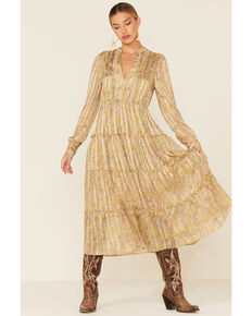 Elan Women's Gold Paisley Tiered Maxi Dress , Gold, hi-res