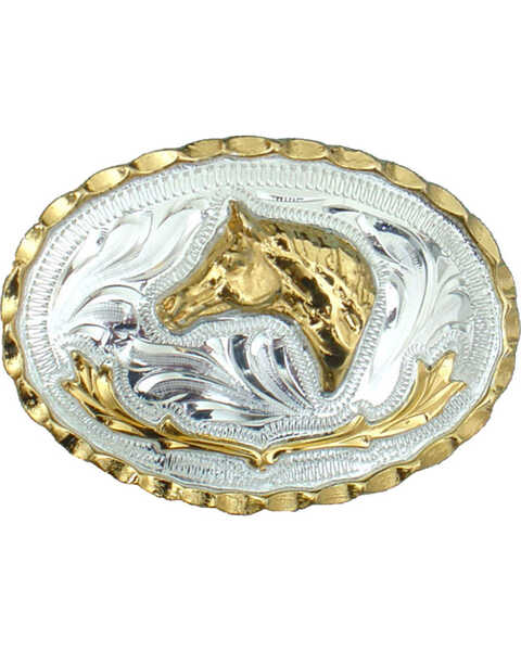 Image #1 - Western Express Men's Silver Small Horsehead German Belt Buckle , Silver, hi-res