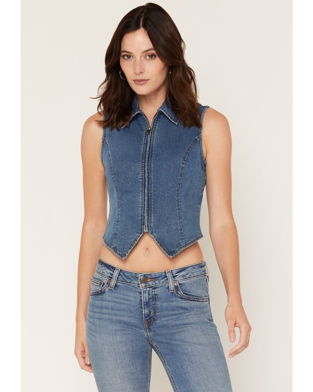 Ashley Women's Zip Front Fitted Denim Vest, Medium Wash, hi-res
