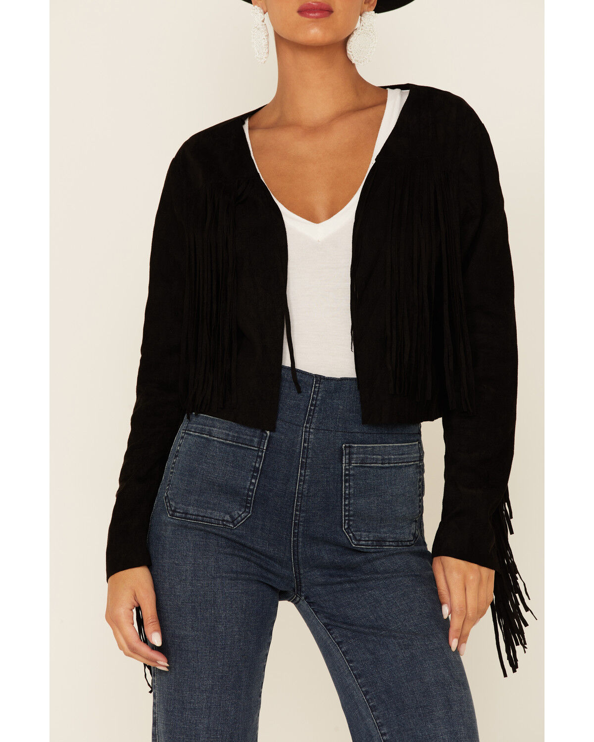 Image #2 - Vocal Women's Faux Suede Western Fringe Jacket, Black, hi-res